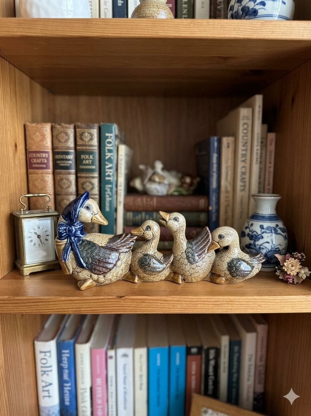 Vintage Hand-Painted Ceramic Mallard Duck Family One-Piece Figurine, Signed 8”